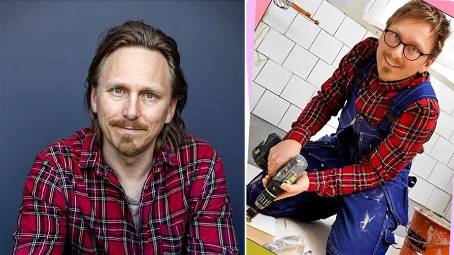 Delad bild: porträtt av en hantverkare i röd rutig skjorta och samma hantverkare med borrmaskin i ett kaklat badrum.