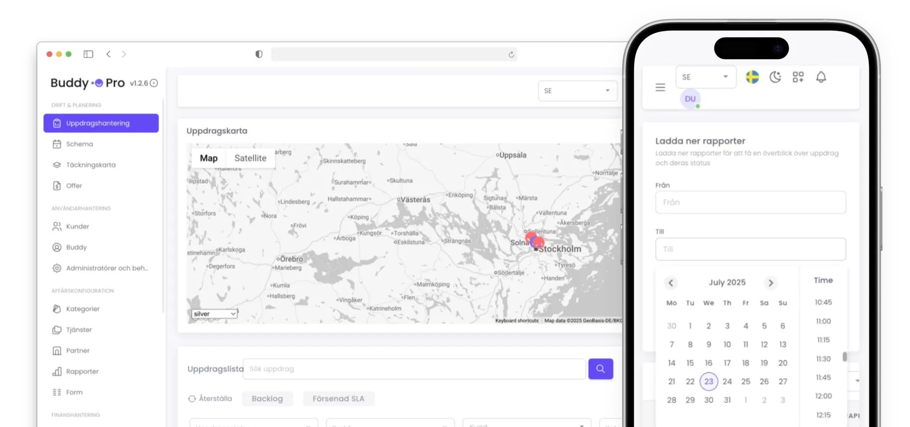 BuddyPros administrationsvy med uppdragskarta och uppdragslista, och rapportvyn i mobilen.