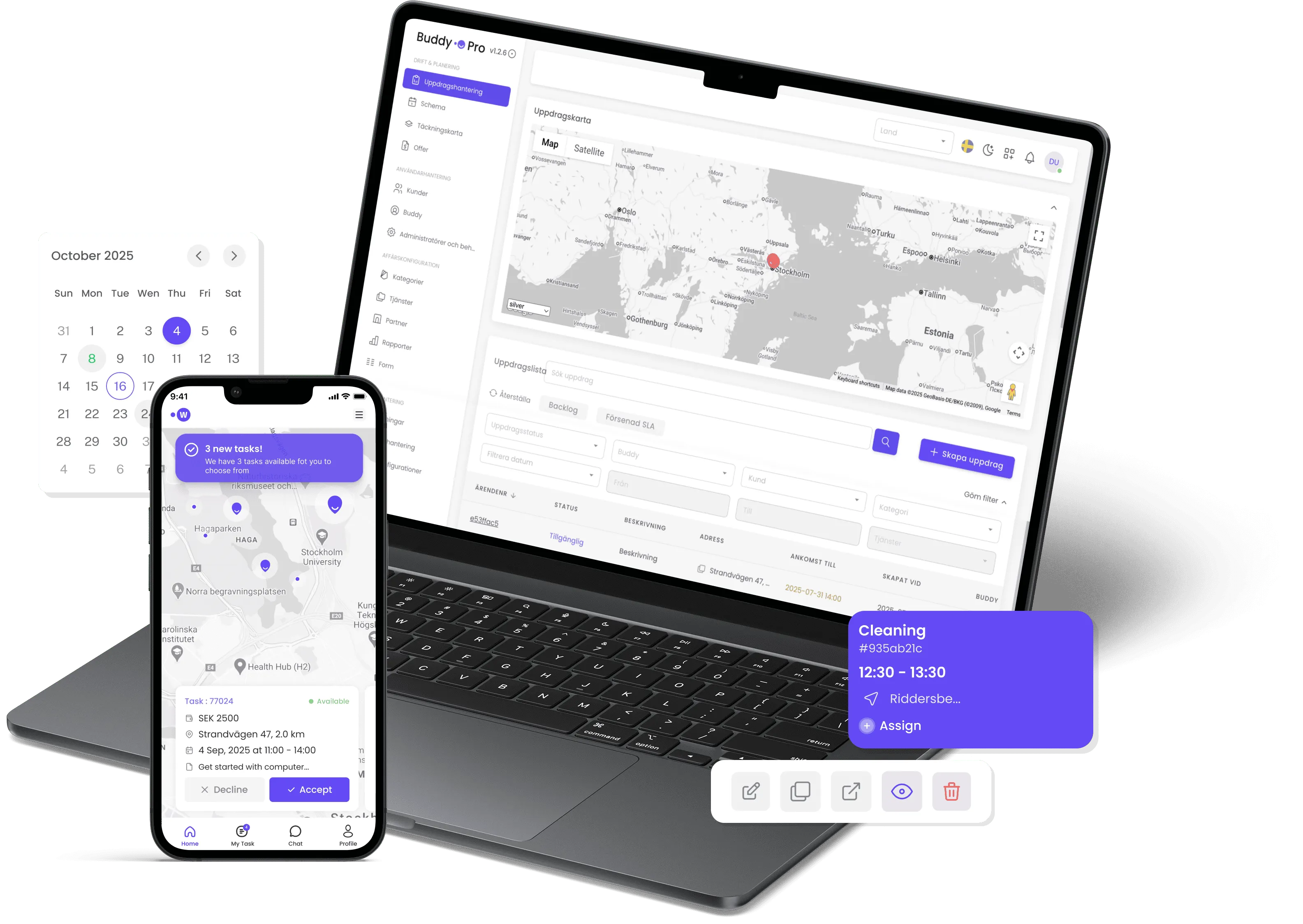 BuddyPros uppdragskarta öppen i en bärbar dator, med mobilappen, en månadskalender och ett uppdragskort vid sidan.